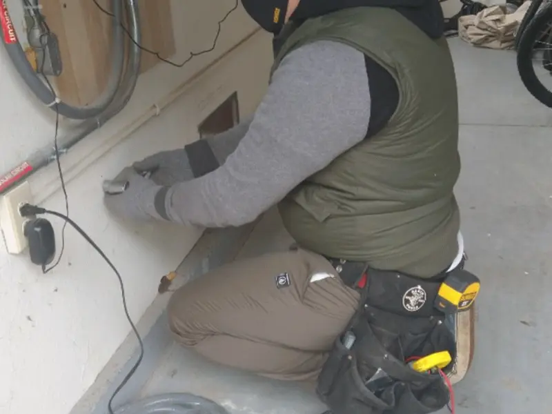 Electrician performing outlet wiring in a East Haven garage